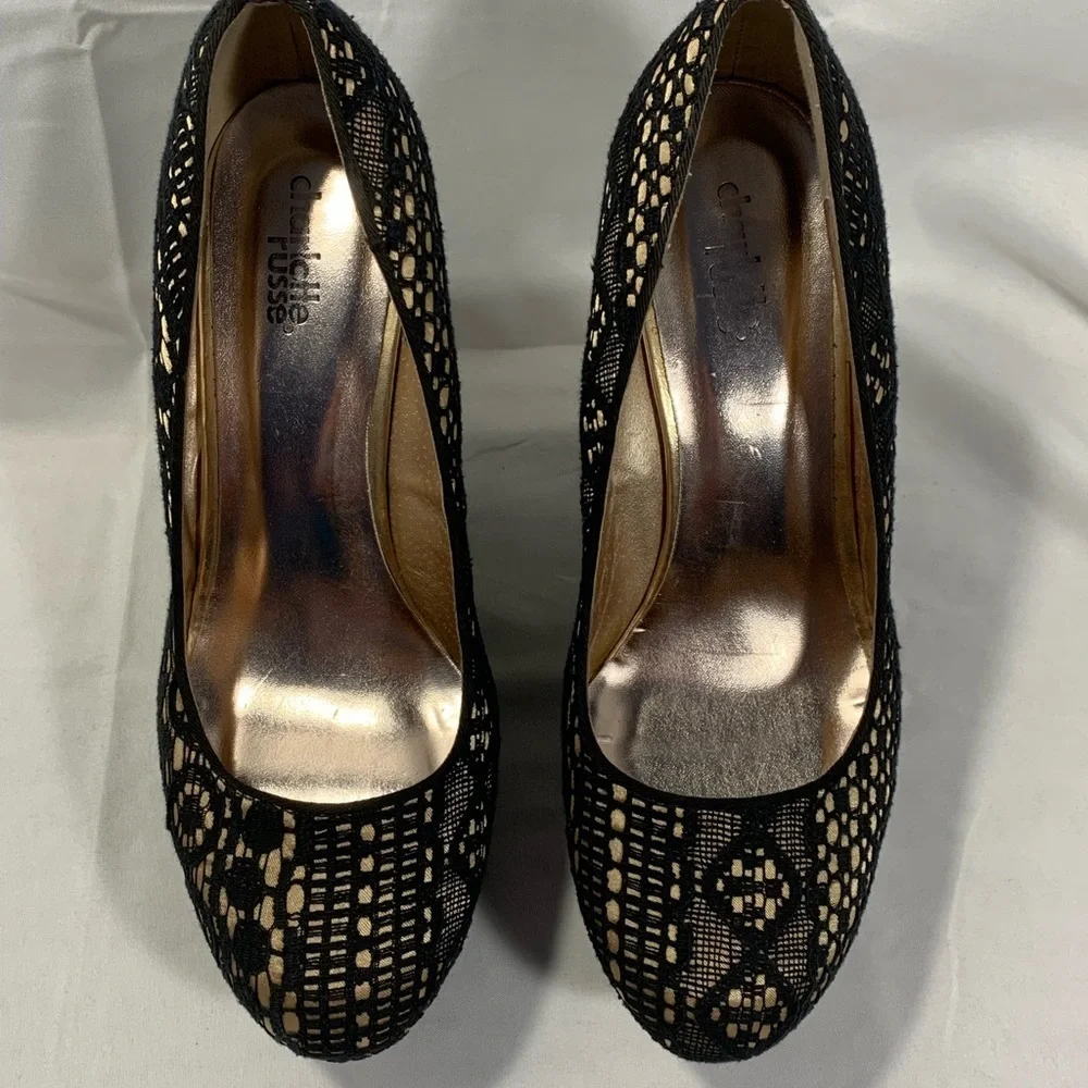 Charlotte Russe Black Lace Over Gold Satin Platform Wedge Heels